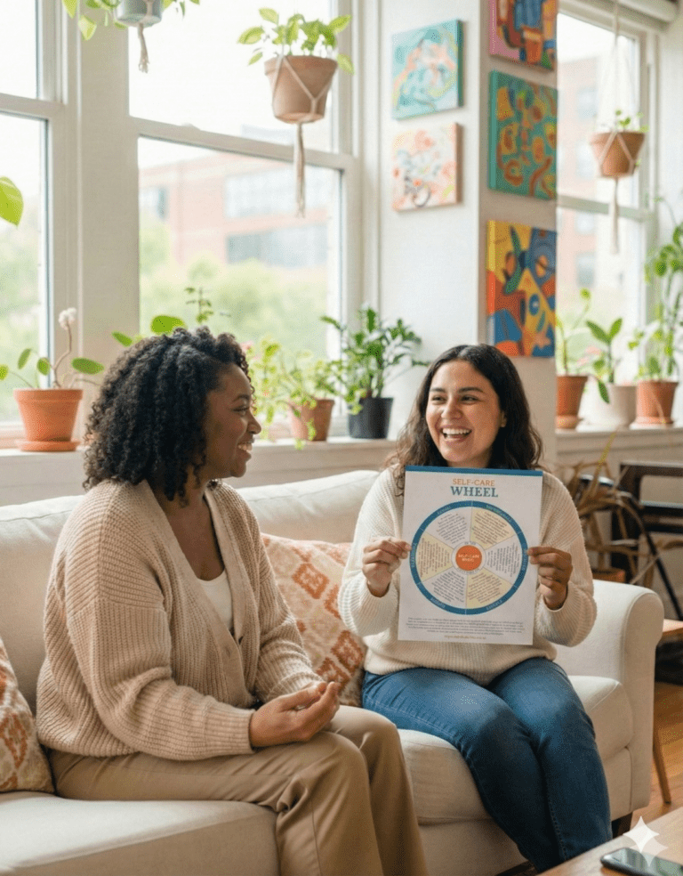 therapist using self care wheel with client min